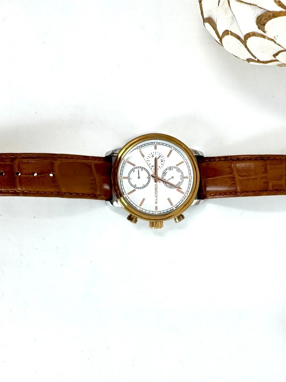 Claiborne Men's Multi-Function Quartz Watch –Two Tone Brown Leather- New Battery